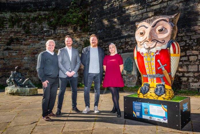 LtoR BID directors Geoff Williams & Lewis Evenden with James Dean & Jazz from local businesses - Fothergills and The Castle pub Nottingham Wise Owl Walk