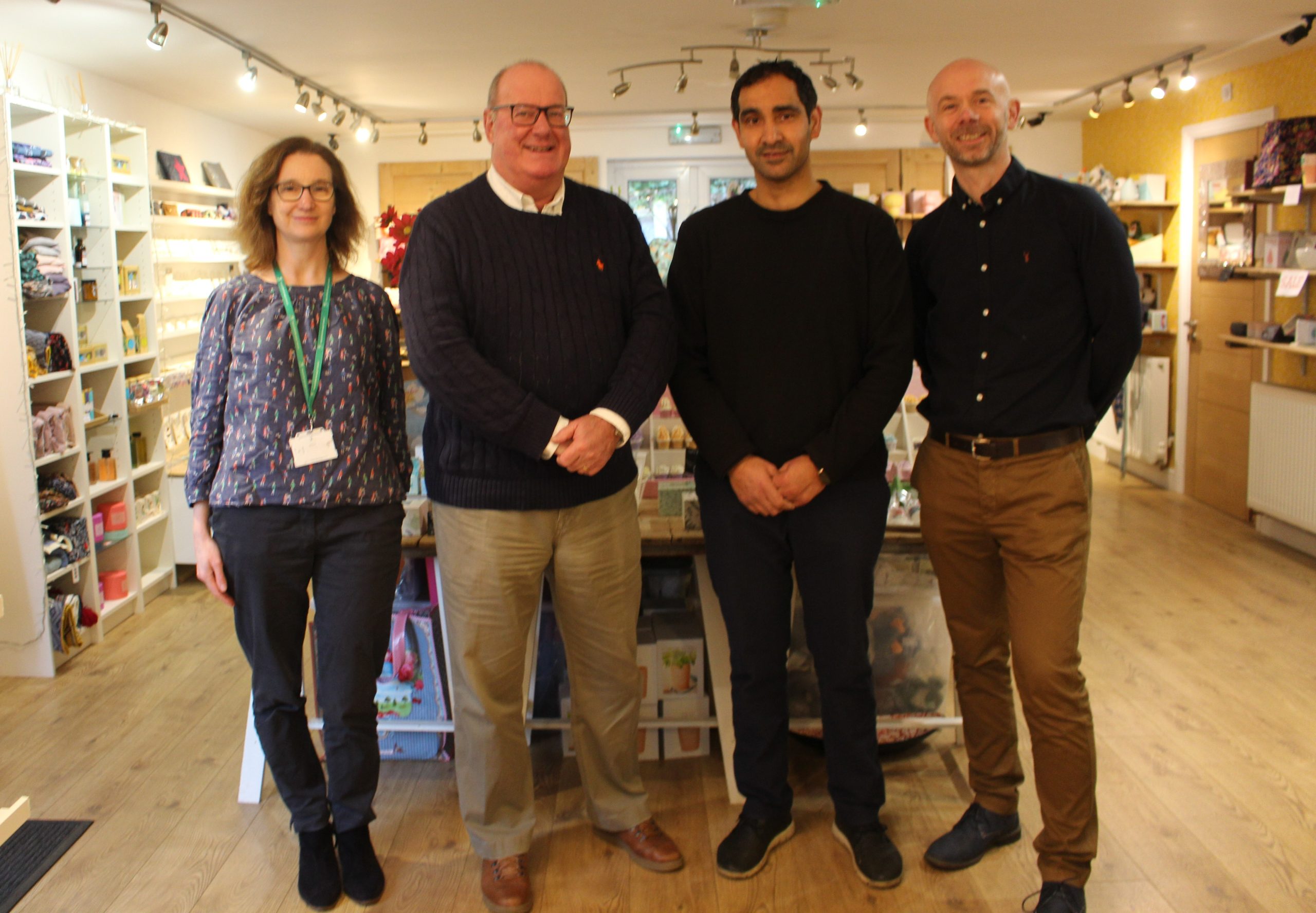 West Bridgford Ways Charlotte Gault Ash Manzoor from Rainbows and Lemondrops Cllr Andy Edyean welcome new Digital High Street Adviser Steve Phillips scaled