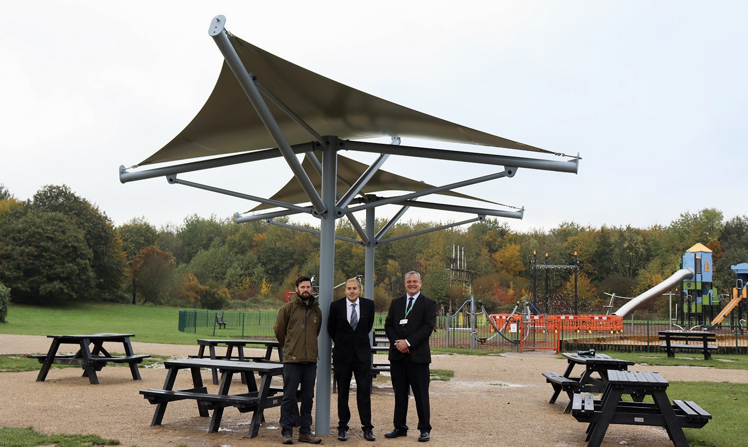 Cllr Jonathan Wheeler joined RBC colleagues to visit the new shade sails installed at Rushcliffe Country Park