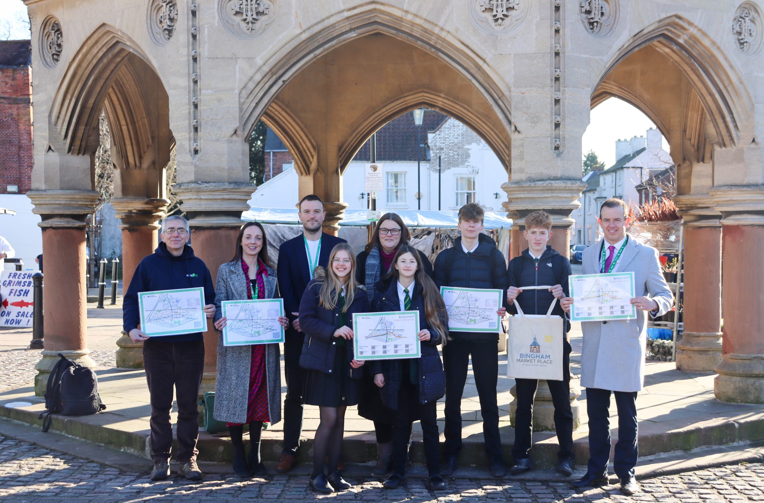 Students and teachers from Toot Hill School joined Rushcliffe Borough Council officers at Bingham Buttercross to launch a new active travel iniative in the town scaled