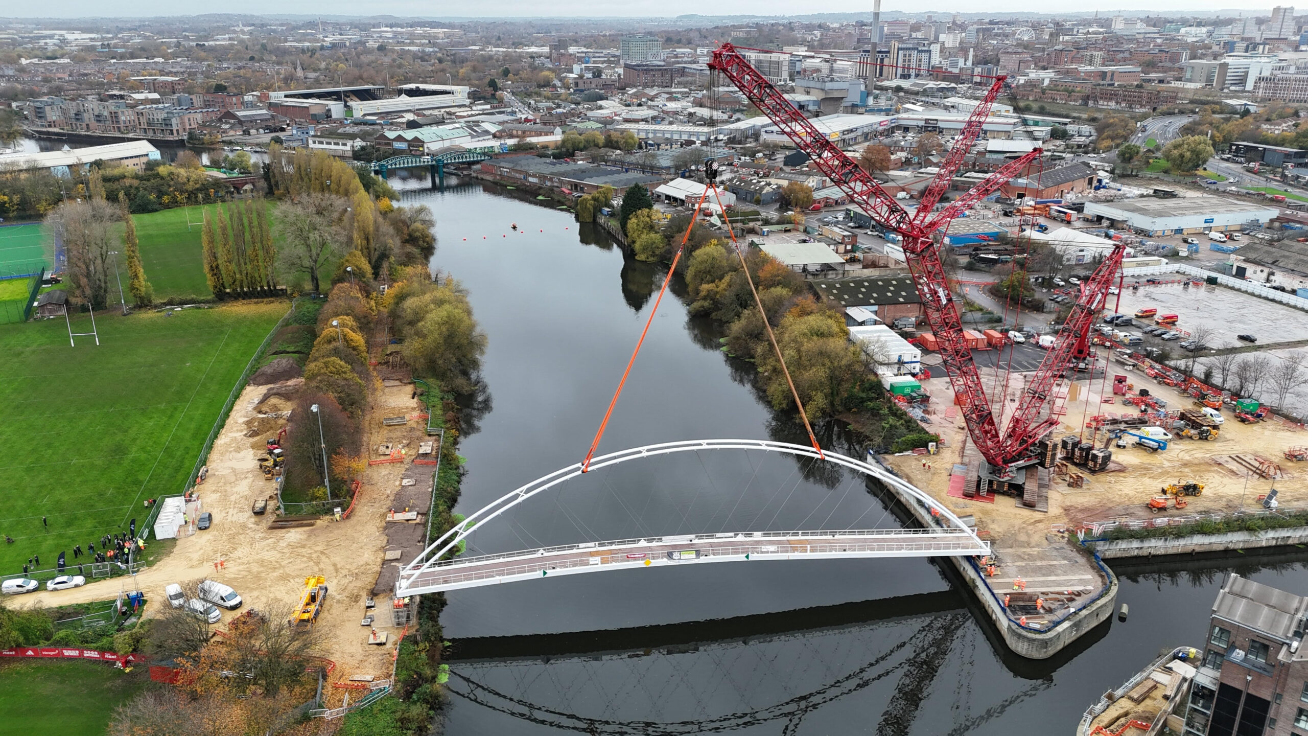 Europes tallest crane has lifted the Waterside Bridge into place Nottingham City Council scaled