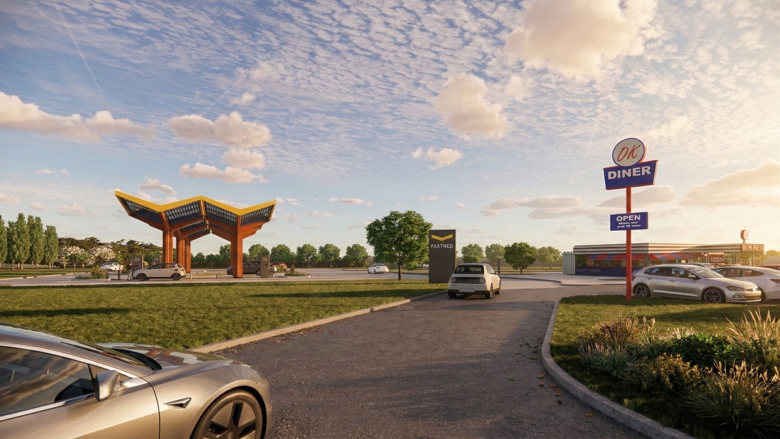 Fastned begins construction on flagship 16-bay EV charging hub at Cromwell Farm 0326fastnedokdinerviewcromwellfarmnewarkcgi2 scaled