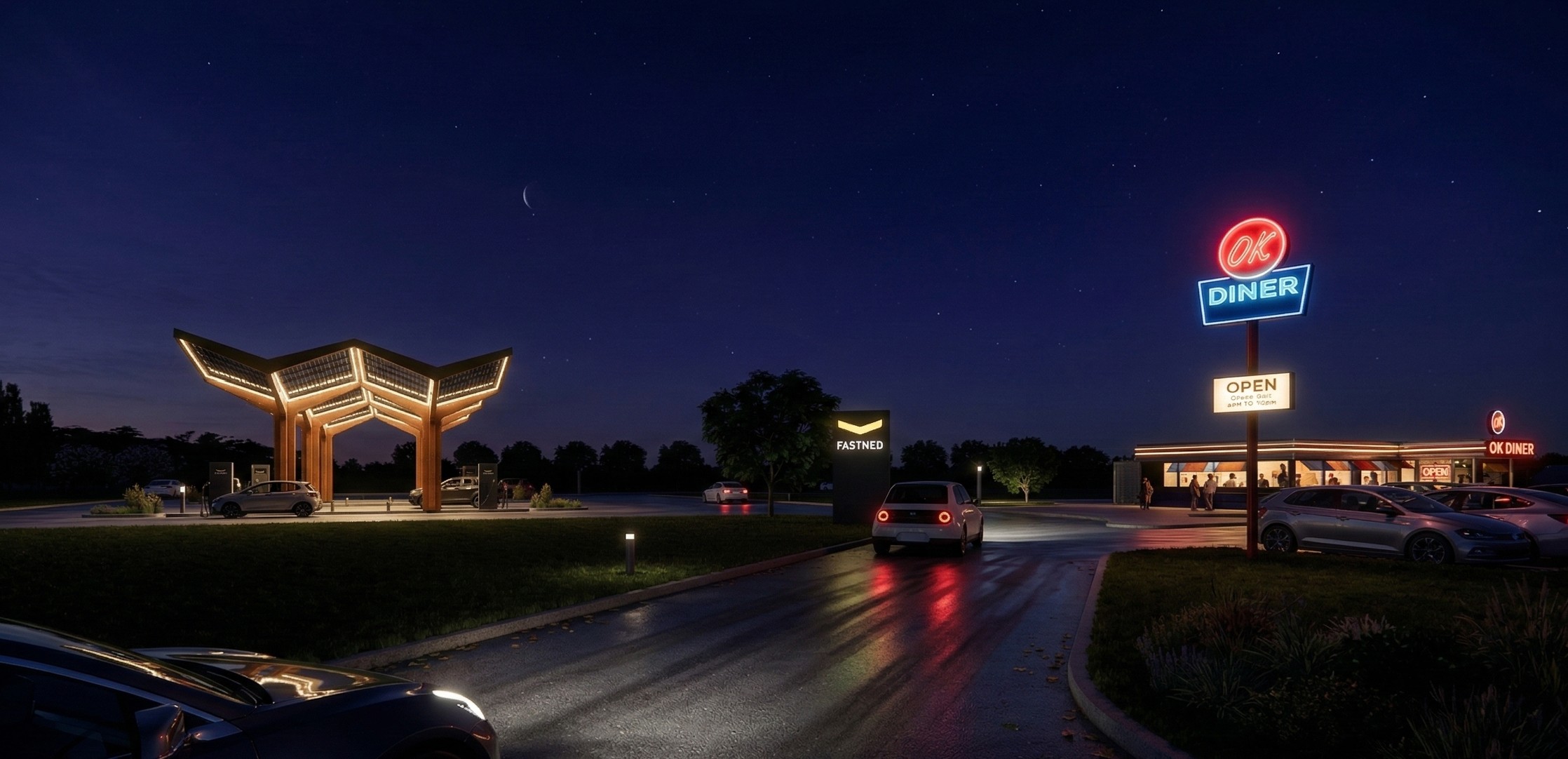 Fastned begins construction on flagship 16-bay EV charging hub at Cromwell Farm 0326fastnedokdinerviewcromwellfarmnewarkcgi4