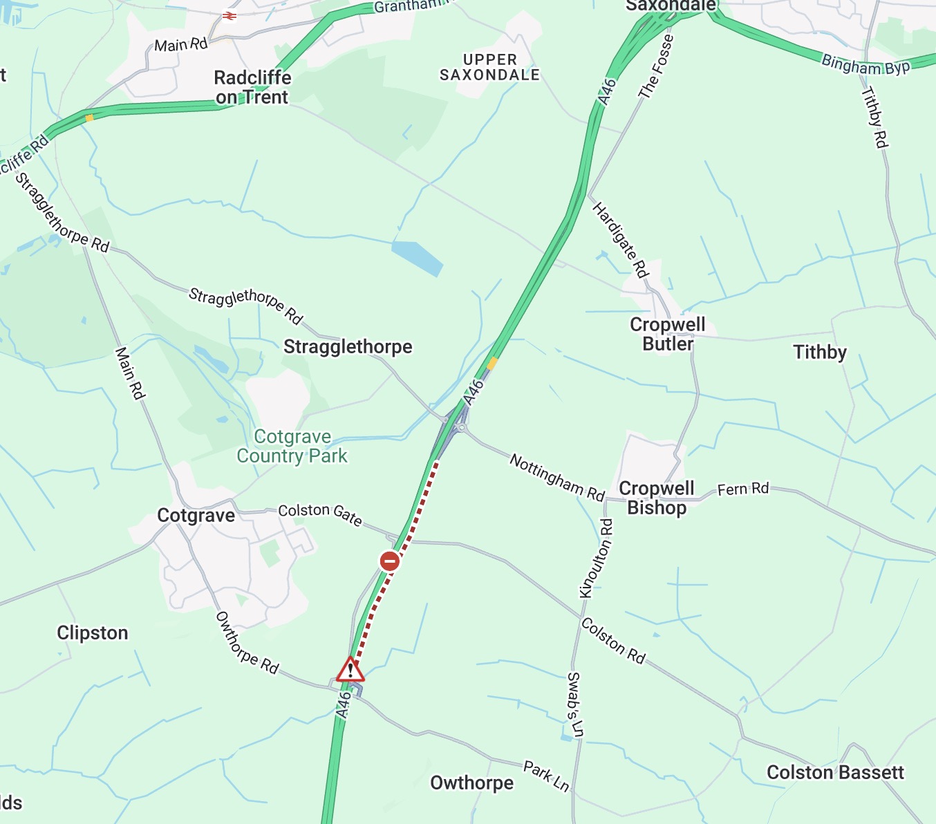 Updates: A46 closed southbound Saxondale - A6006 multi vehicle collision Screenshot 2026 05 09 at 21.14.45