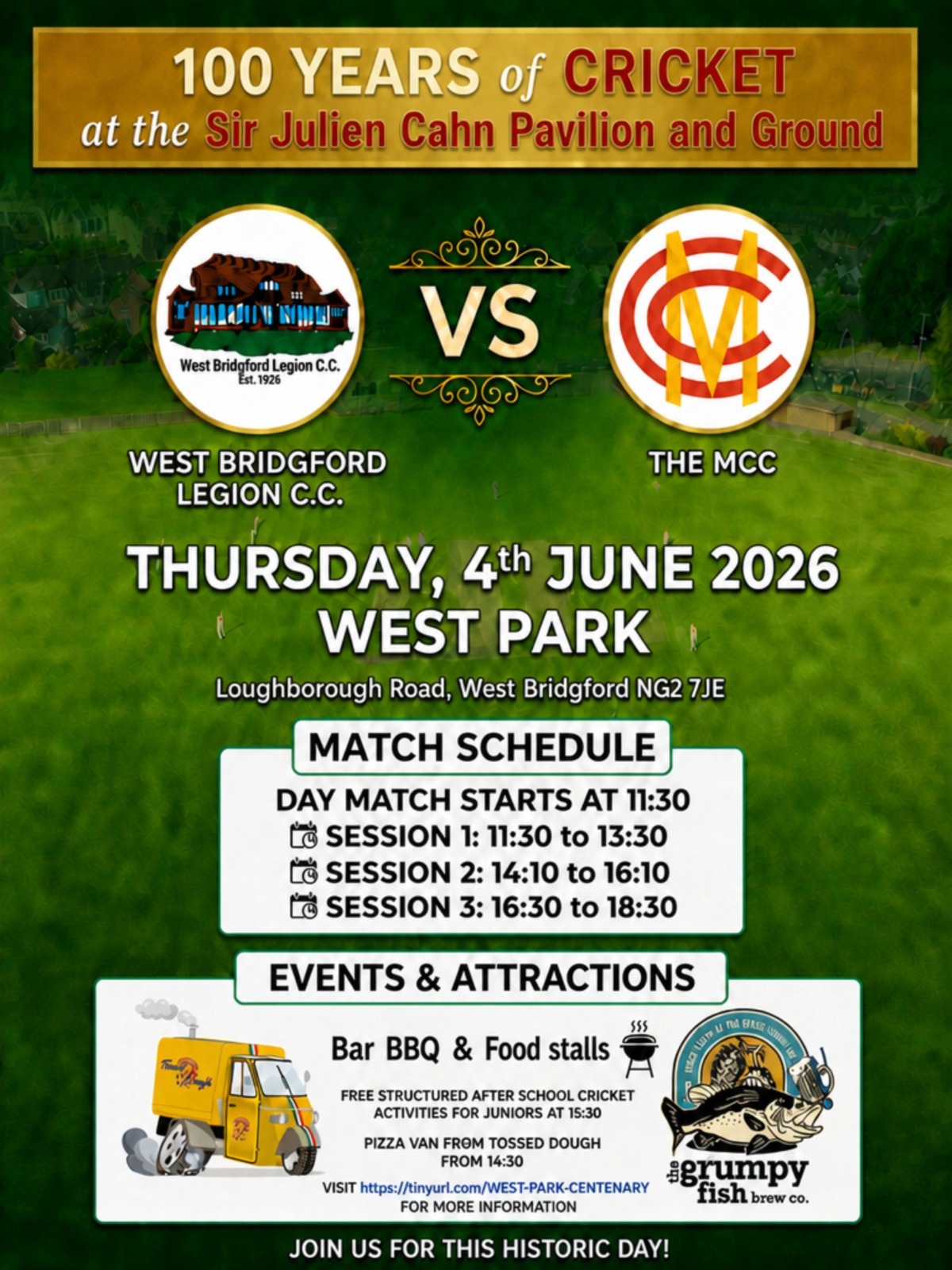 Historic West Bridgford cricket ground celebrates 100 years with special match v MCC WBLCC v MCC 2026 Flyer