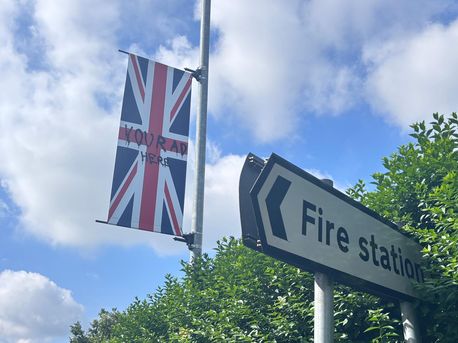Union Flag banner in Beeston defaced with ‘your ad here’ graffiti QueensRoadBanner1