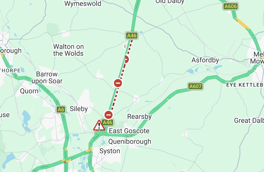 Updates: A46 southbound at Six Hills closed due to a collision Screenshot 2026 06 01 at 13.17.25