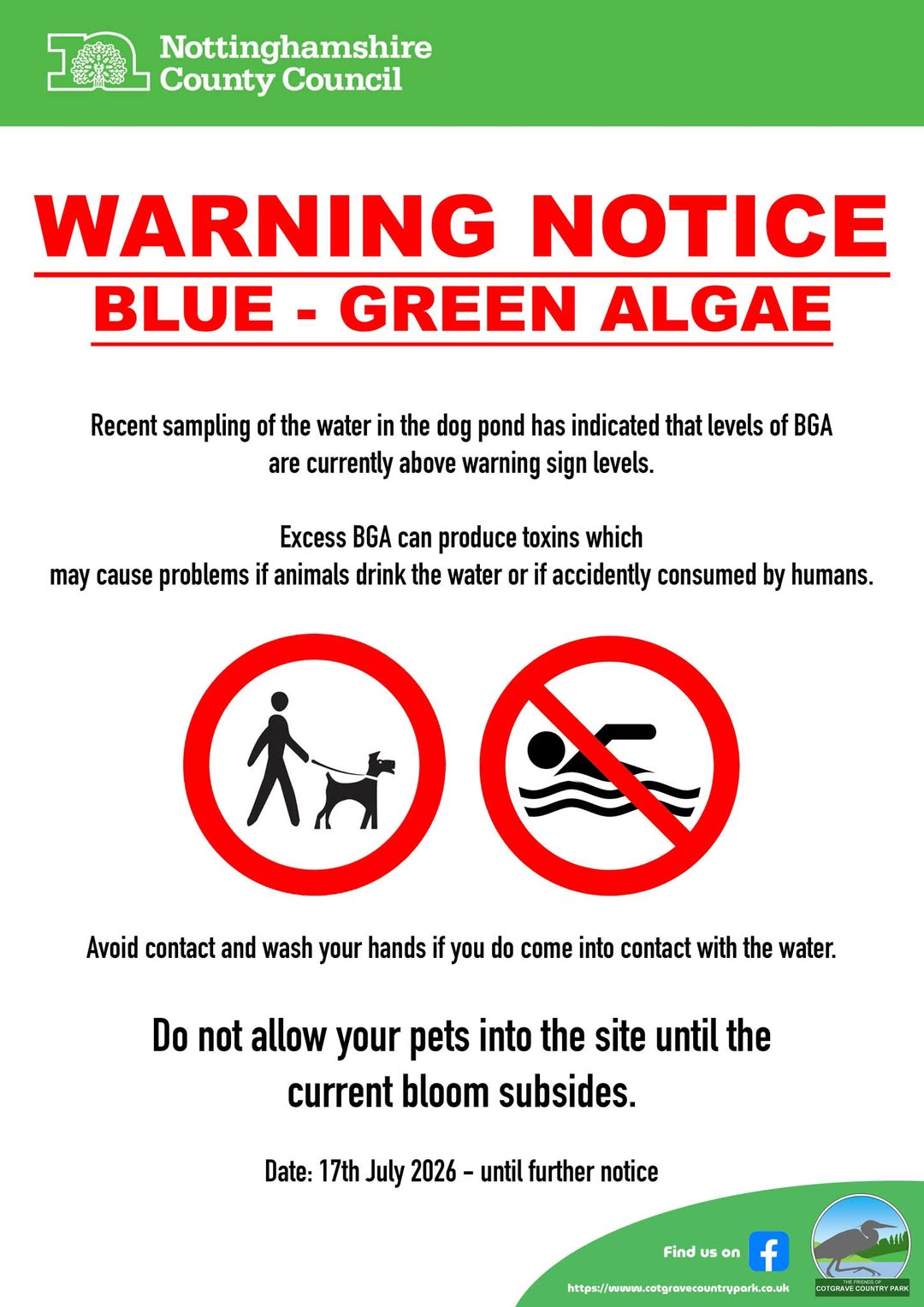 Urgent warning blue-green algae found in Dog Pond at Cotgrave Country Park 749300807 1511686664339403 4898577200237425049 n