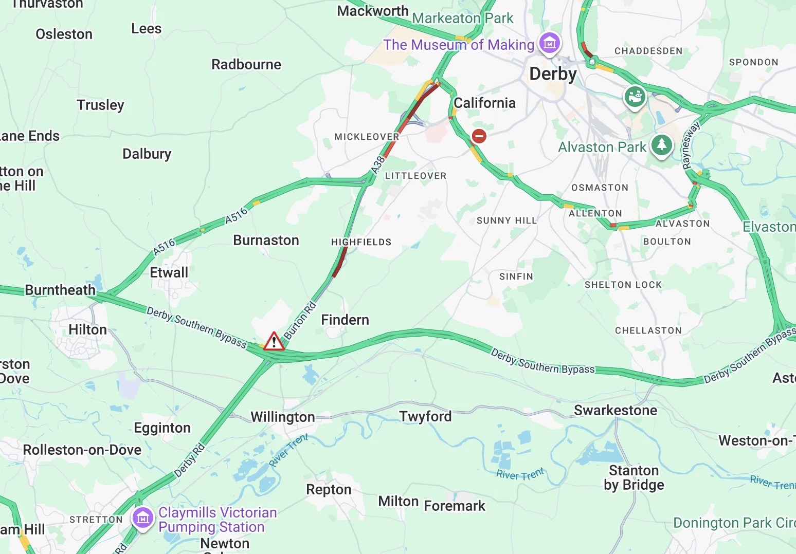 Updates: A38 closed southbound at A50 serious collision Screenshot 2026 08 09 at 14.22.15